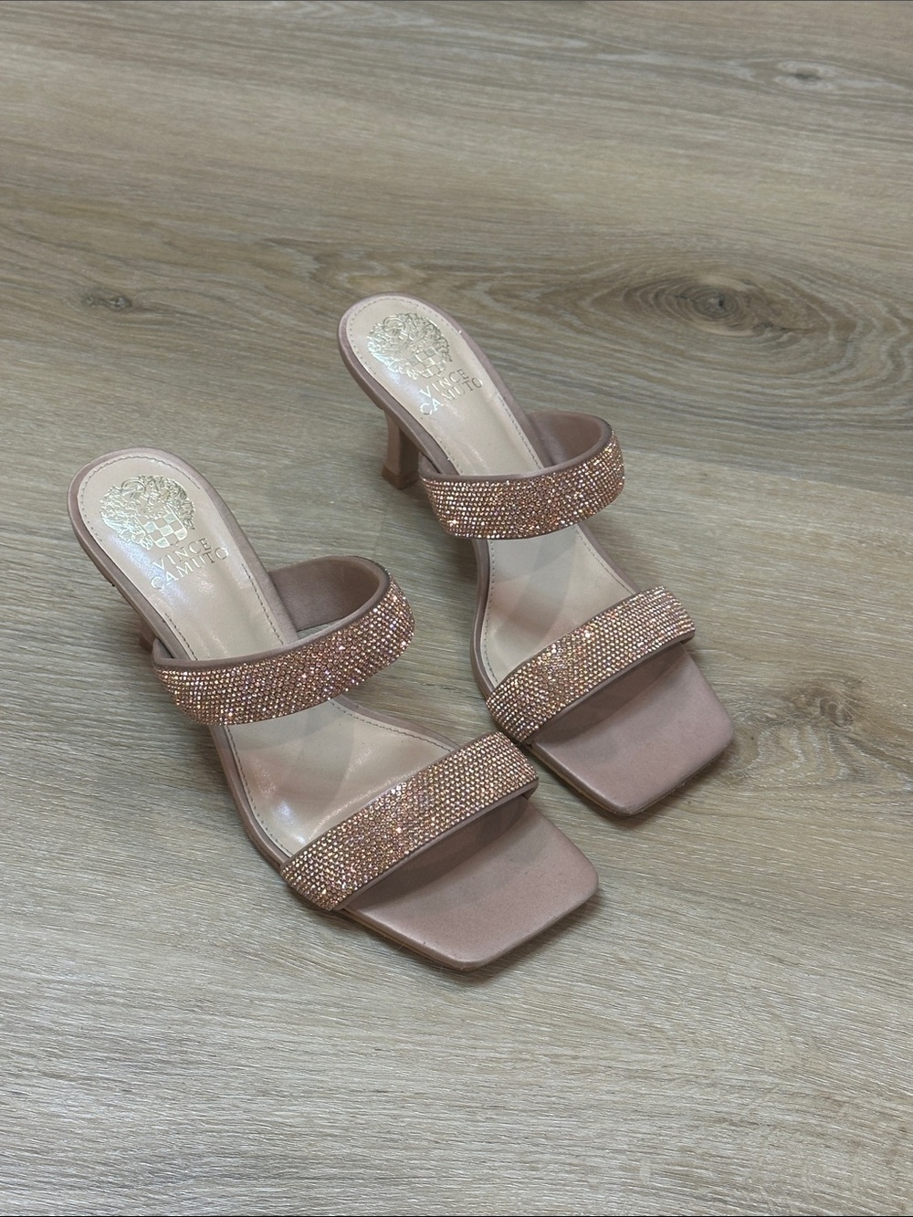 Vince Camuto Blush Rose Gold Crystal Double-Strap Heels